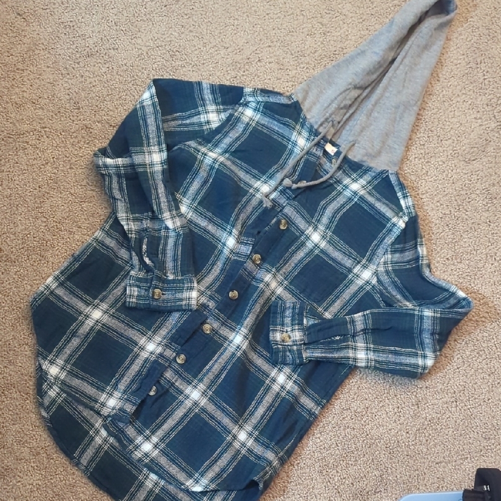 Women’s Blue Plaid Hoodie Shirt